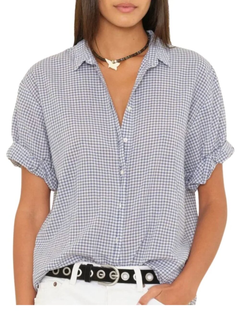 XiRENA Channing Gingham Plaid Button Up Blue & White in River Shirt Small